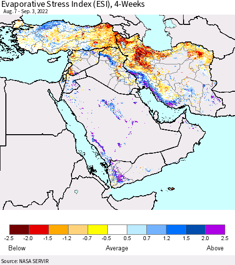 Middle East and Turkey Evaporative Stress Index (ESI), 4-Weeks Thematic Map For 8/29/2022 - 9/4/2022