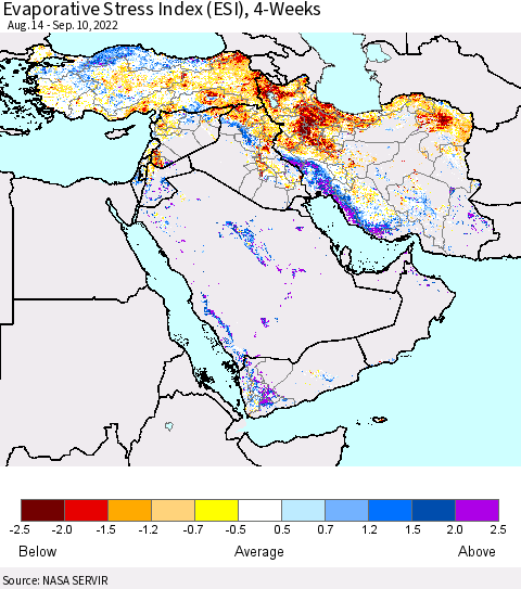 Middle East and Turkey Evaporative Stress Index (ESI), 4-Weeks Thematic Map For 9/5/2022 - 9/11/2022