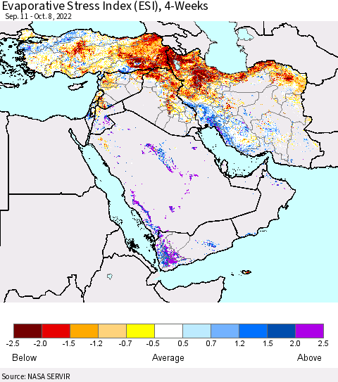 Middle East and Turkey Evaporative Stress Index (ESI), 4-Weeks Thematic Map For 10/3/2022 - 10/9/2022