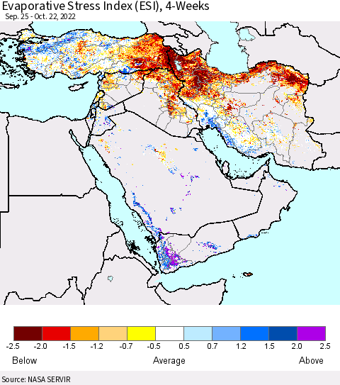Middle East and Turkey Evaporative Stress Index (ESI), 4-Weeks Thematic Map For 10/17/2022 - 10/23/2022