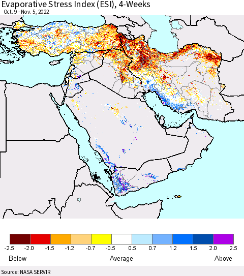 Middle East and Turkey Evaporative Stress Index (ESI), 4-Weeks Thematic Map For 10/31/2022 - 11/6/2022