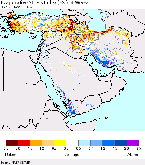 Middle East and Turkey Evaporative Stress Index (ESI), 4-Weeks Thematic Map For 11/14/2022 - 11/20/2022