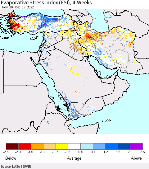 Middle East and Turkey Evaporative Stress Index (ESI), 4-Weeks Thematic Map For 12/12/2022 - 12/18/2022