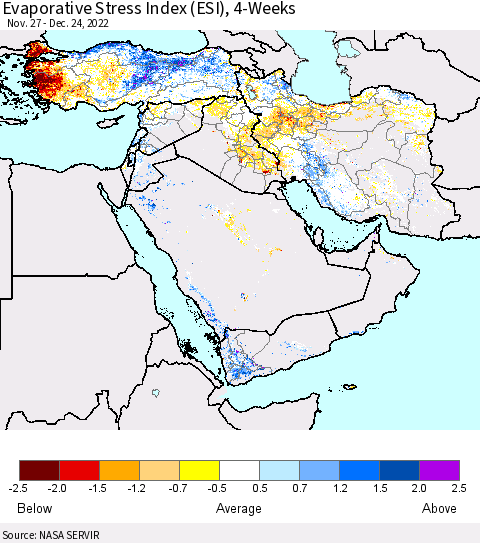 Middle East and Turkey Evaporative Stress Index (ESI), 4-Weeks Thematic Map For 12/19/2022 - 12/25/2022