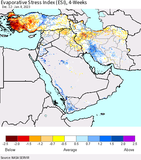 Middle East and Turkey Evaporative Stress Index (ESI), 4-Weeks Thematic Map For 1/2/2023 - 1/8/2023