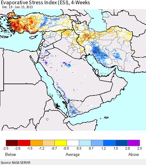 Middle East and Turkey Evaporative Stress Index (ESI), 4-Weeks Thematic Map For 1/9/2023 - 1/15/2023