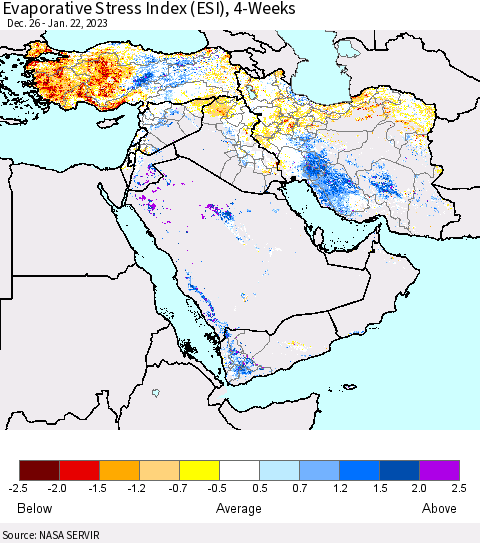 Middle East and Turkey Evaporative Stress Index (ESI), 4-Weeks Thematic Map For 1/16/2023 - 1/22/2023