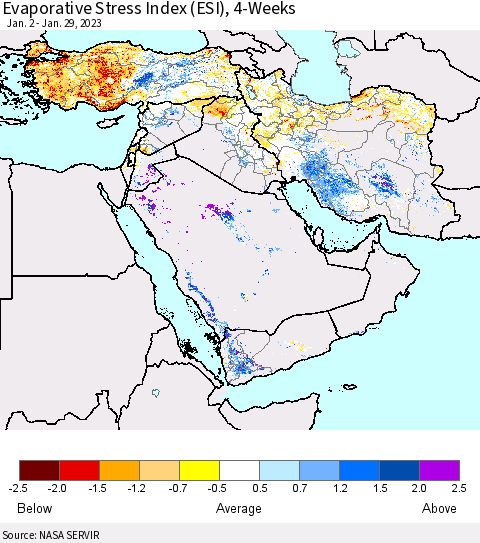 Middle East and Turkey Evaporative Stress Index (ESI), 4-Weeks Thematic Map For 1/23/2023 - 1/29/2023