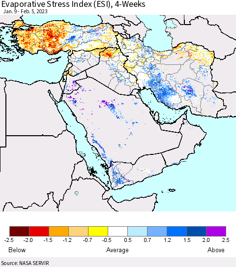 Middle East and Turkey Evaporative Stress Index (ESI), 4-Weeks Thematic Map For 1/30/2023 - 2/5/2023