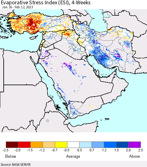 Middle East and Turkey Evaporative Stress Index (ESI), 4-Weeks Thematic Map For 2/6/2023 - 2/12/2023