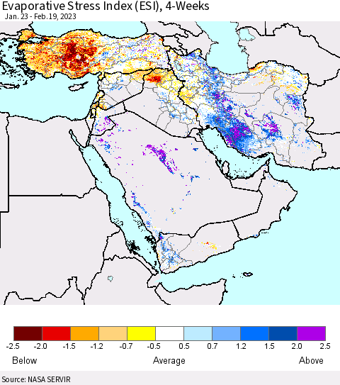 Middle East and Turkey Evaporative Stress Index (ESI), 4-Weeks Thematic Map For 2/13/2023 - 2/19/2023