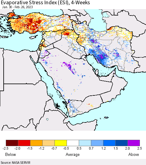 Middle East and Turkey Evaporative Stress Index (ESI), 4-Weeks Thematic Map For 2/20/2023 - 2/26/2023