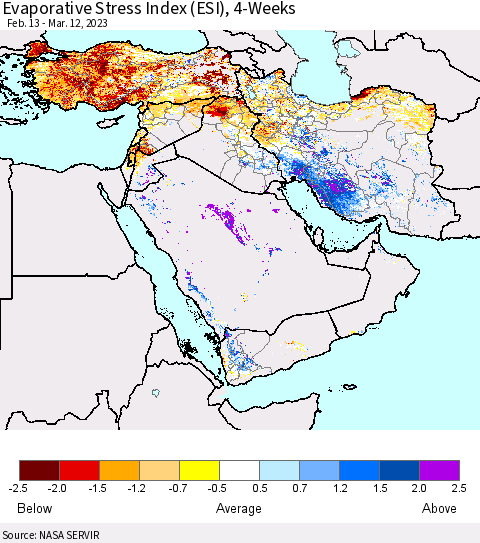 Middle East and Turkey Evaporative Stress Index (ESI), 4-Weeks Thematic Map For 3/6/2023 - 3/12/2023
