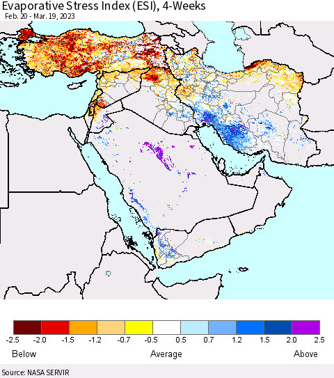 Middle East and Turkey Evaporative Stress Index (ESI), 4-Weeks Thematic Map For 3/13/2023 - 3/19/2023