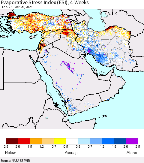 Middle East and Turkey Evaporative Stress Index (ESI), 4-Weeks Thematic Map For 3/20/2023 - 3/26/2023