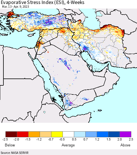 Middle East and Turkey Evaporative Stress Index (ESI), 4-Weeks Thematic Map For 4/3/2023 - 4/9/2023