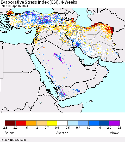 Middle East and Turkey Evaporative Stress Index (ESI), 4-Weeks Thematic Map For 4/10/2023 - 4/16/2023