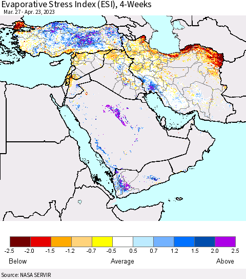 Middle East and Turkey Evaporative Stress Index (ESI), 4-Weeks Thematic Map For 4/17/2023 - 4/23/2023