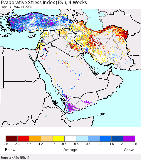 Middle East and Turkey Evaporative Stress Index (ESI), 4-Weeks Thematic Map For 5/8/2023 - 5/14/2023