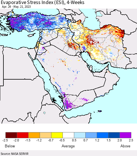 Middle East and Turkey Evaporative Stress Index (ESI), 4-Weeks Thematic Map For 5/15/2023 - 5/21/2023