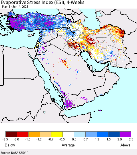 Middle East and Turkey Evaporative Stress Index (ESI), 4-Weeks Thematic Map For 5/29/2023 - 6/4/2023