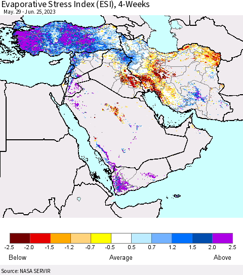Middle East and Turkey Evaporative Stress Index (ESI), 4-Weeks Thematic Map For 6/19/2023 - 6/25/2023