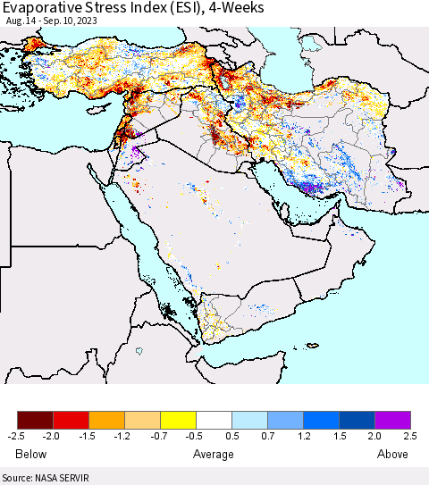 Middle East and Turkey Evaporative Stress Index (ESI), 4-Weeks Thematic Map For 9/4/2023 - 9/10/2023
