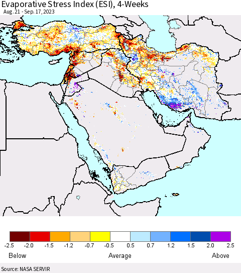 Middle East and Turkey Evaporative Stress Index (ESI), 4-Weeks Thematic Map For 9/11/2023 - 9/17/2023