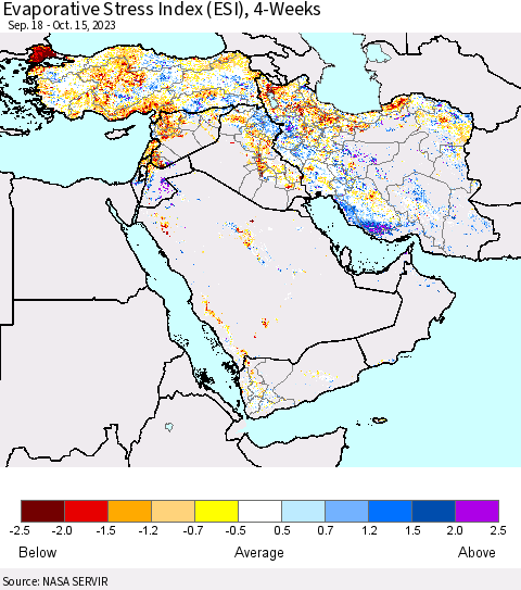 Middle East and Turkey Evaporative Stress Index (ESI), 4-Weeks Thematic Map For 10/9/2023 - 10/15/2023