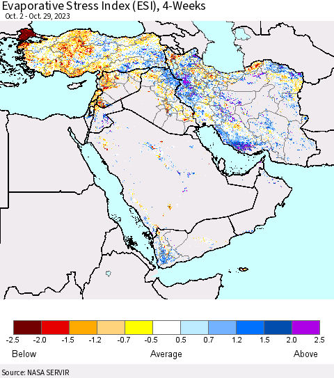 Middle East and Turkey Evaporative Stress Index (ESI), 4-Weeks Thematic Map For 10/23/2023 - 10/29/2023