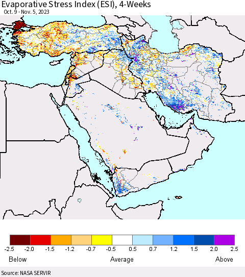 Middle East and Turkey Evaporative Stress Index (ESI), 4-Weeks Thematic Map For 10/30/2023 - 11/5/2023