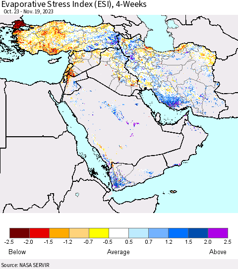 Middle East and Turkey Evaporative Stress Index (ESI), 4-Weeks Thematic Map For 11/13/2023 - 11/19/2023