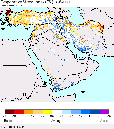 Middle East and Turkey Evaporative Stress Index (ESI), 4-Weeks Thematic Map For 11/27/2023 - 12/3/2023