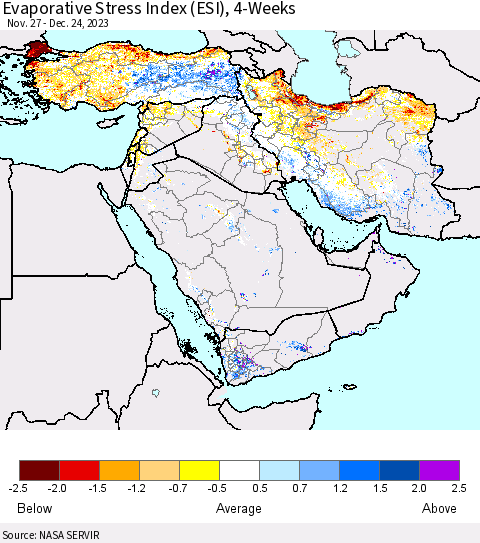 Middle East and Turkey Evaporative Stress Index (ESI), 4-Weeks Thematic Map For 12/18/2023 - 12/24/2023