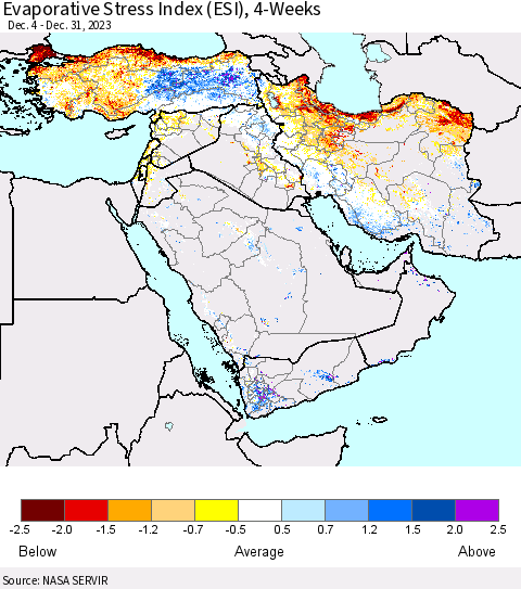 Middle East and Turkey Evaporative Stress Index (ESI), 4-Weeks Thematic Map For 12/25/2023 - 12/31/2023