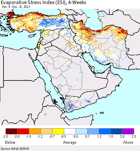 Middle East and Turkey Evaporative Stress Index (ESI), 4-Weeks Thematic Map For 1/1/2024 - 1/7/2024