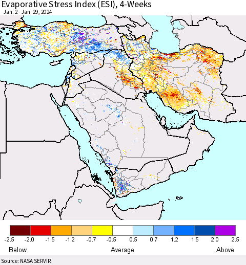 Middle East and Turkey Evaporative Stress Index (ESI), 4-Weeks Thematic Map For 1/29/2024 - 2/4/2024