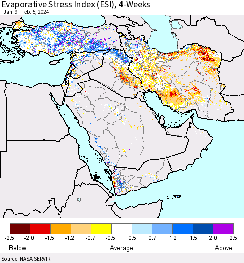 Middle East and Turkey Evaporative Stress Index (ESI), 4-Weeks Thematic Map For 2/5/2024 - 2/11/2024