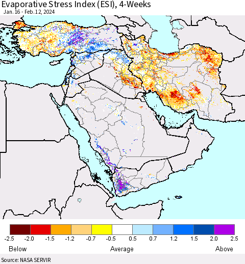 Middle East and Turkey Evaporative Stress Index (ESI), 4-Weeks Thematic Map For 2/12/2024 - 2/18/2024