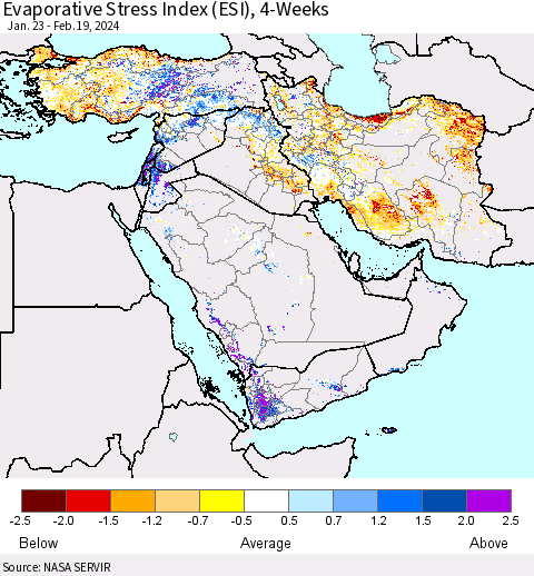 Middle East and Turkey Evaporative Stress Index (ESI), 4-Weeks Thematic Map For 2/19/2024 - 2/25/2024