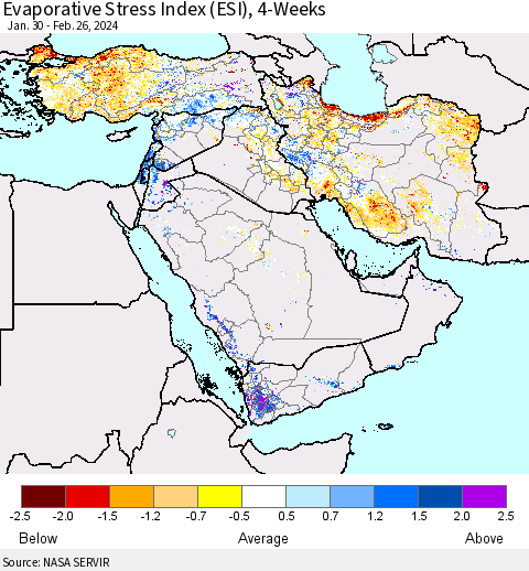 Middle East and Turkey Evaporative Stress Index (ESI), 4-Weeks Thematic Map For 2/26/2024 - 3/3/2024