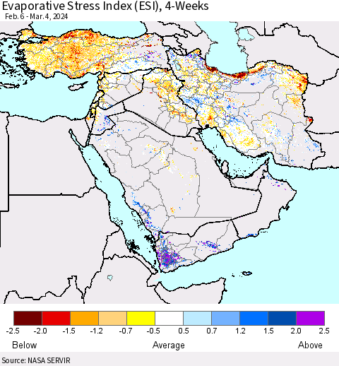 Middle East and Turkey Evaporative Stress Index (ESI), 4-Weeks Thematic Map For 3/4/2024 - 3/10/2024