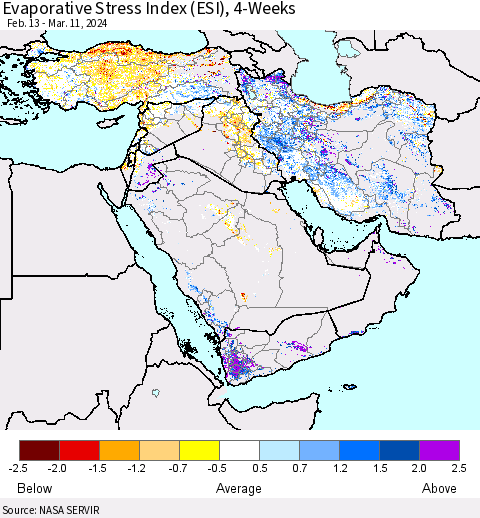 Middle East and Turkey Evaporative Stress Index (ESI), 4-Weeks Thematic Map For 3/11/2024 - 3/17/2024