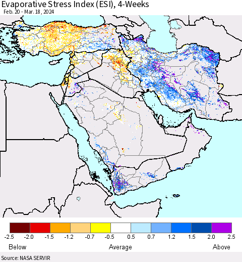 Middle East and Turkey Evaporative Stress Index (ESI), 4-Weeks Thematic Map For 3/18/2024 - 3/24/2024