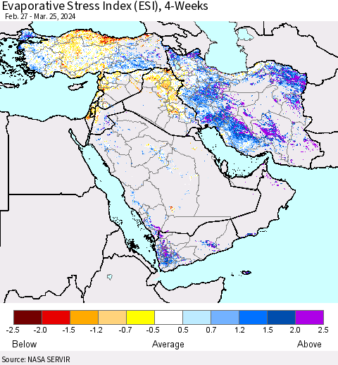 Middle East and Turkey Evaporative Stress Index (ESI), 4-Weeks Thematic Map For 3/25/2024 - 3/31/2024