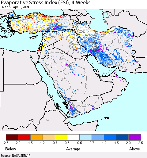 Middle East and Turkey Evaporative Stress Index (ESI), 4-Weeks Thematic Map For 4/1/2024 - 4/7/2024