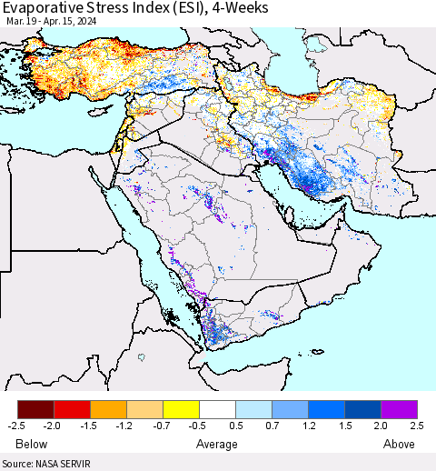 Middle East and Turkey Evaporative Stress Index (ESI), 4-Weeks Thematic Map For 4/15/2024 - 4/21/2024