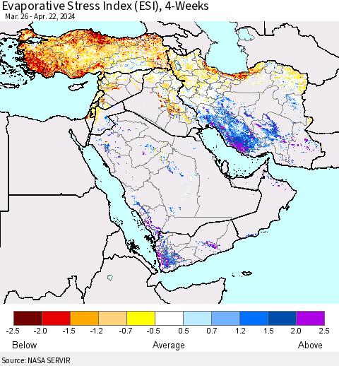 Middle East and Turkey Evaporative Stress Index (ESI), 4-Weeks Thematic Map For 4/22/2024 - 4/28/2024