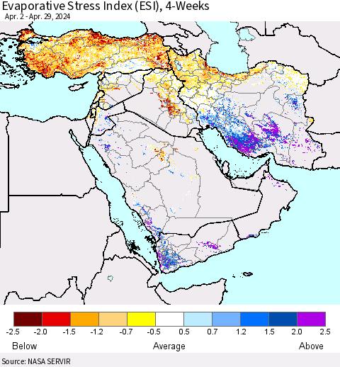 Middle East and Turkey Evaporative Stress Index (ESI), 4-Weeks Thematic Map For 4/29/2024 - 5/5/2024