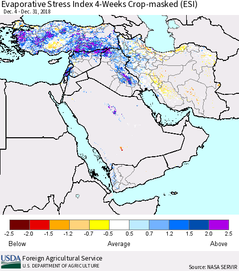 Middle East and Turkey Evaporative Stress Index (ESI), 4-Weeks over Croplands Thematic Map For 12/31/2018 - 1/6/2019